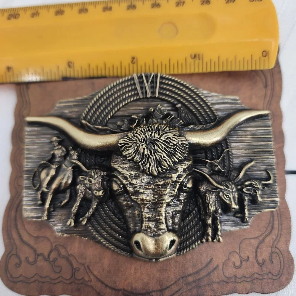 Cowboy Longhorn Cattle Stampede Gold Tone Western Belt Buckle NWT